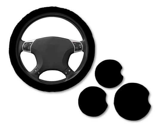 Solid Black Car Coasters 4 Pack with Matching Steering Wheel Cover