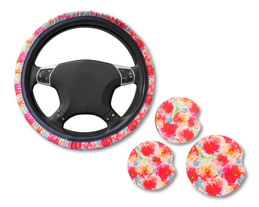 Floral Print Car Coasters 4 Pack with Matching Steering Wheel Cover