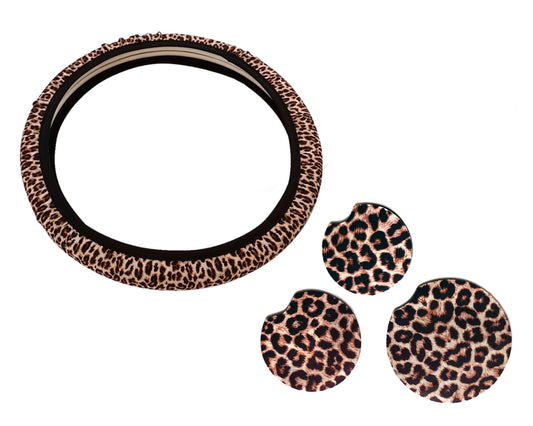 Leopard Print Car Coasters 4 Pack with Matching Steering Wheel Cover