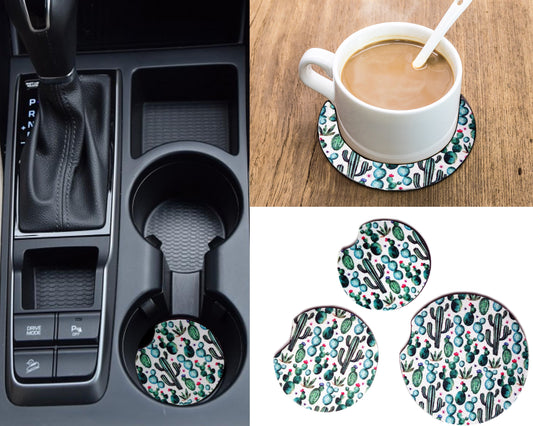 Cactus Print Car Coasters 4 Pack, Absorbent Neoprene Fabric Coasters