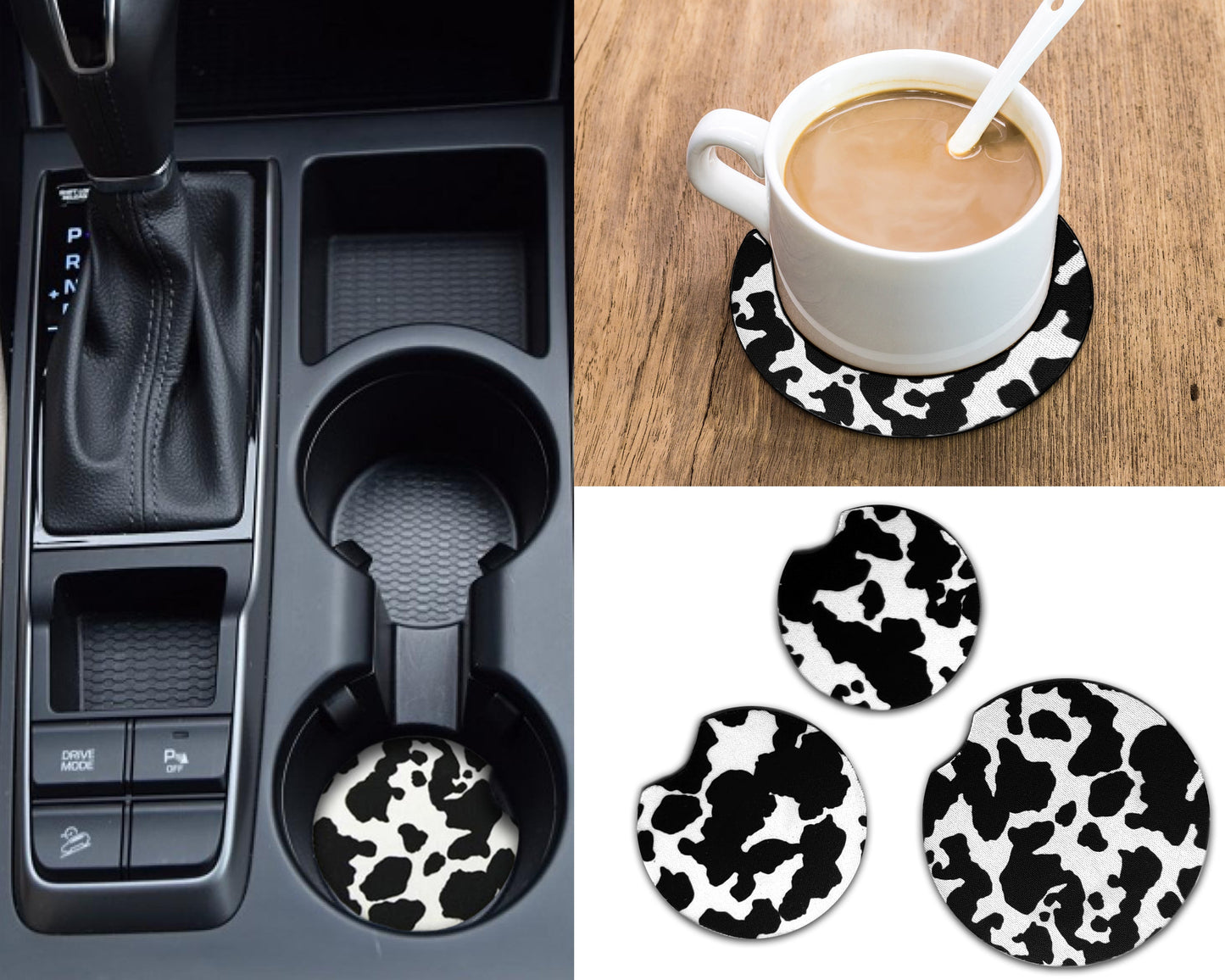 Cow Print Car Coasters 4 Pack with Matching Steering Wheel Cover