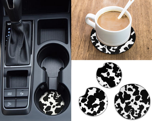 Cow Print Car Coasters 4 Pack, Absorbent Neoprene Fabric Coasters