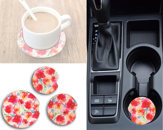Floral Print Car Coasters 4 Pack, Absorbent Neoprene Fabric Coasters