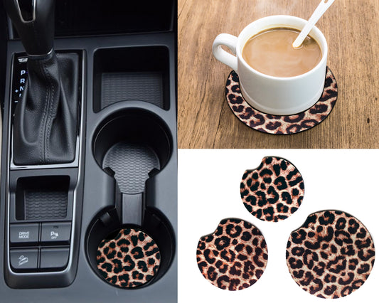 Leopard Print Car Coasters 4 Pack, Absorbent Neoprene Fabric Coasters